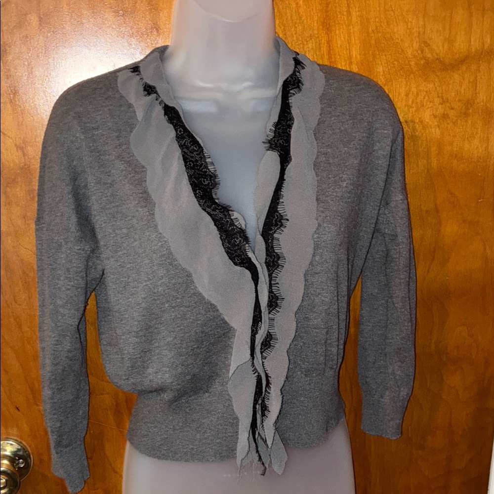 LOFT Gray Cardigan with Black Lace Trim